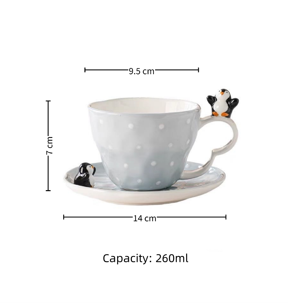 Penguin cup & saucer set 260ml — hand-sculpted 3D penguin, glacial blue & white, size reference, MeowCeramics