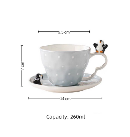 Penguin cup & saucer set 260ml — hand-sculpted 3D penguin, glacial blue & white, size reference, MeowCeramics