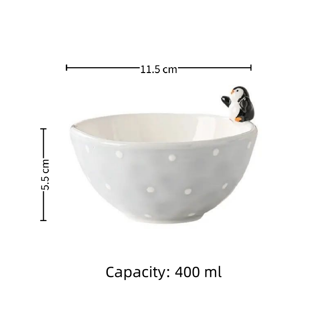 4" handmade penguin rice bowl — glacial blue & white, hand-sculpted 3D penguin, size reference, MeowCeramics