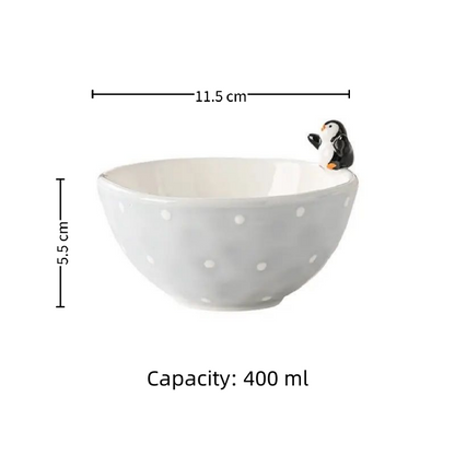 4" handmade penguin rice bowl — glacial blue & white, hand-sculpted 3D penguin, size reference, MeowCeramics