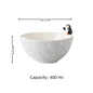 4" handmade penguin rice bowl — glacial blue & white, hand-sculpted 3D penguin, size reference, MeowCeramics