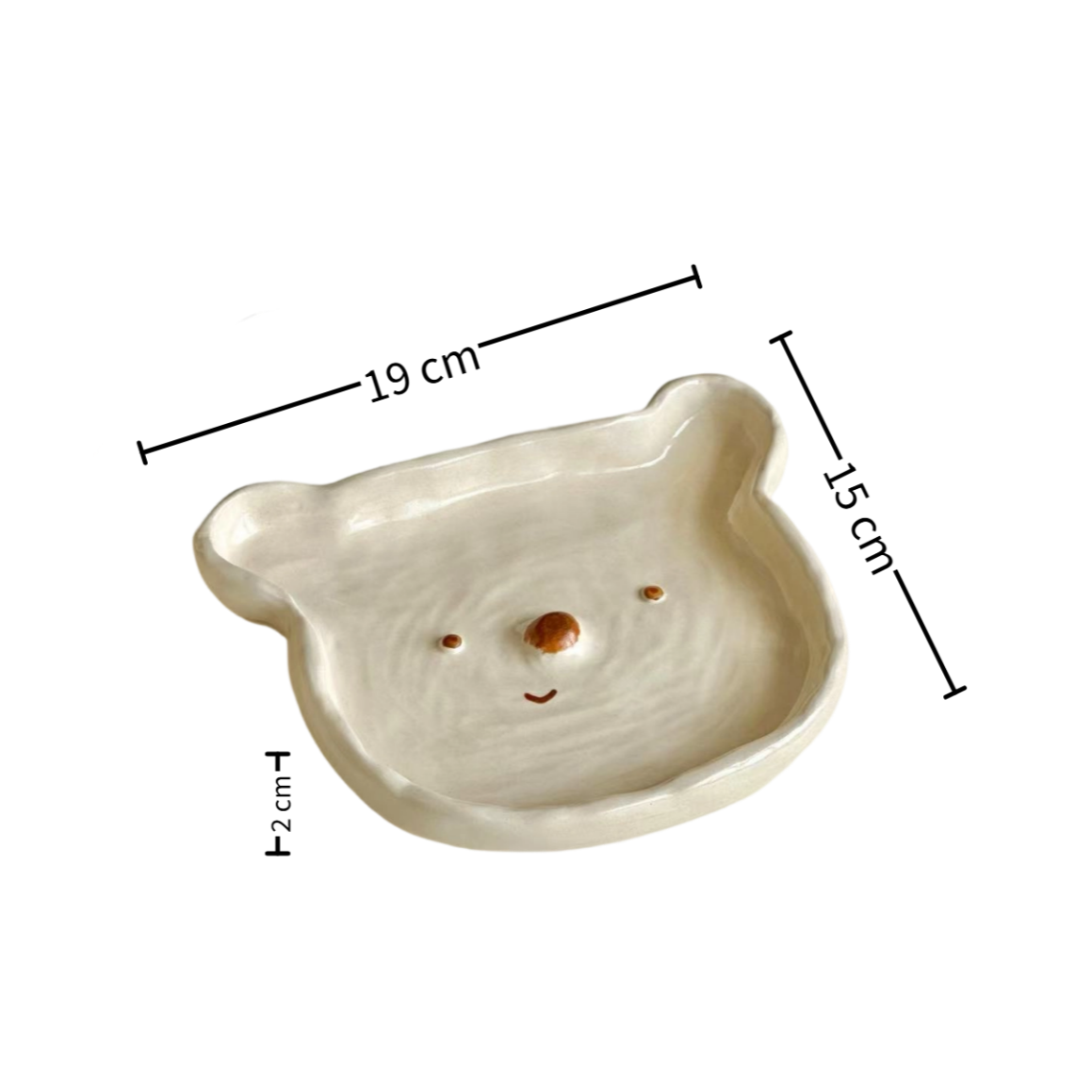 7.6" Happy Bear plate — handmade rough pottery, hand-painted polar bear, size reference, MeowCeramics