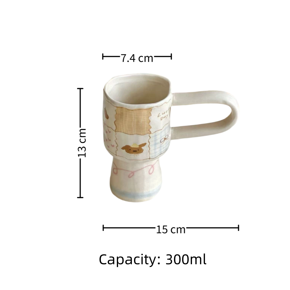 Long-handled ceramic cup — handmade rough pottery, hand-painted polar bear, size reference, MeowCeramics