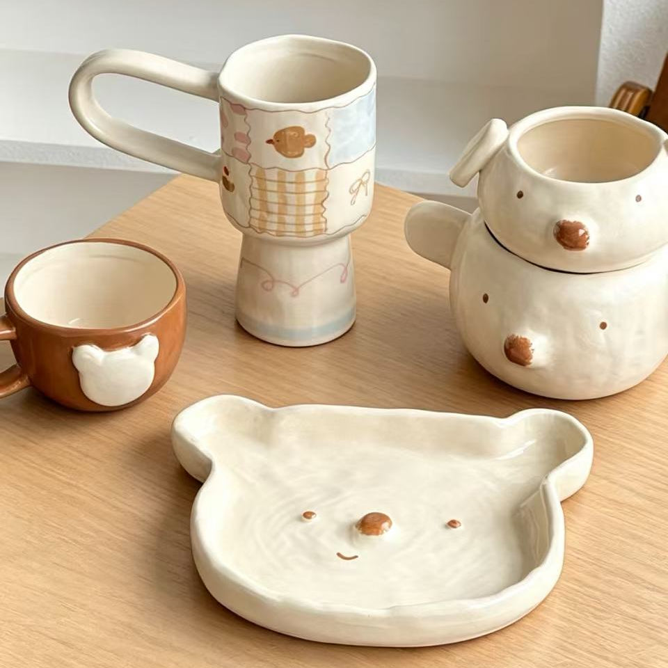 Handmade polar bear rough pottery tableware — lifestyle table display, rustic artisan style, MeowCeramics