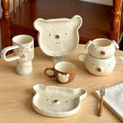 Handmade polar bear rough pottery tableware set of 6 — full collection display, MeowCeramics