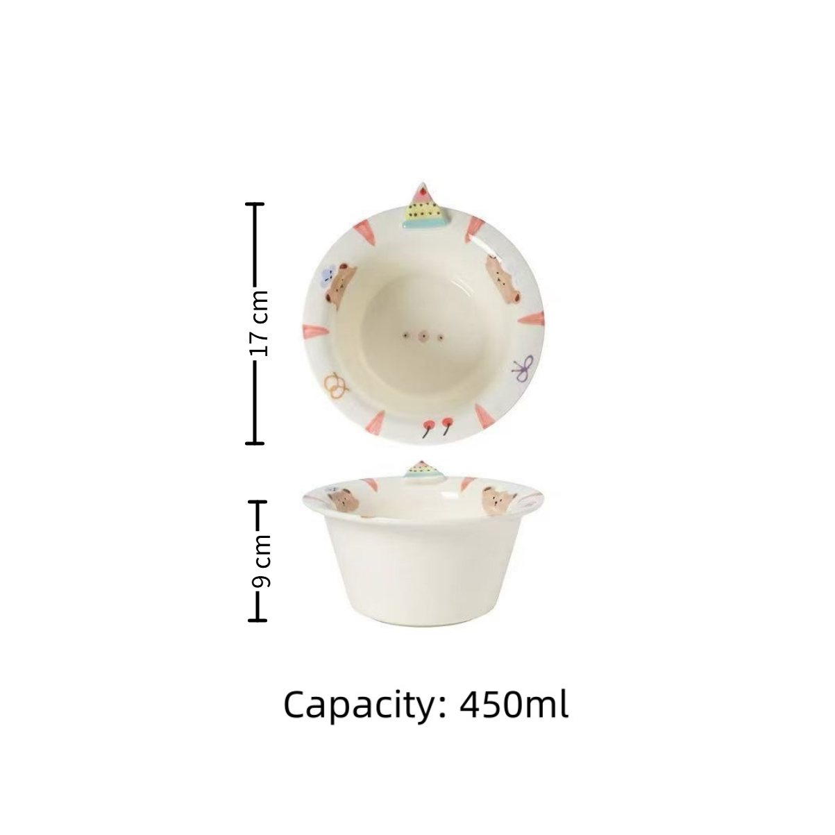 Sweet Heart Bear 6.6" ceramic bowl — underglaze illustration, size reference, MeowCeramics