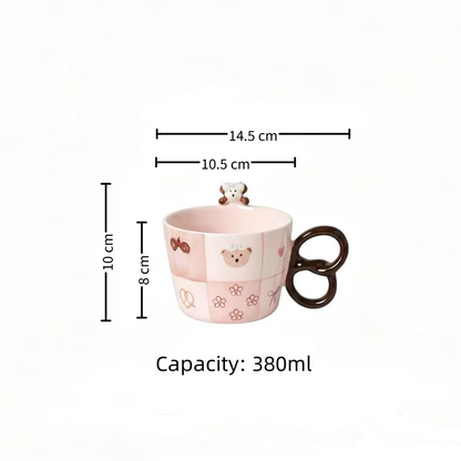 Sweet Heart Bear ceramic cup — underglaze illustration, size reference, MeowCeramics