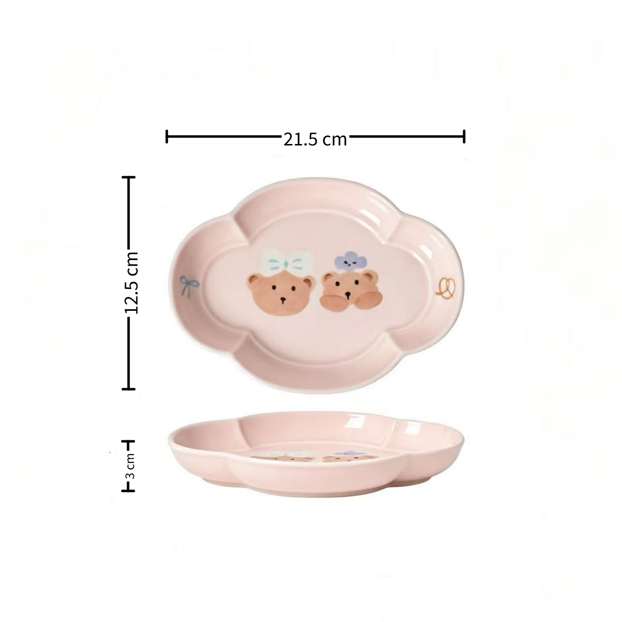 Sweet Heart Bear 8" four-leaf fish plate — shaped ceramic, size reference, MeowCeramics
