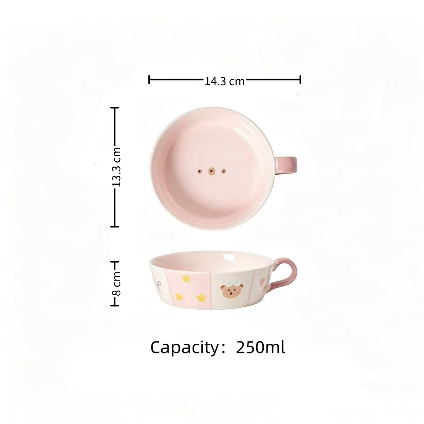 Sweet Heart Bear handled salad bowl — underglaze ceramic, size reference, MeowCeramics