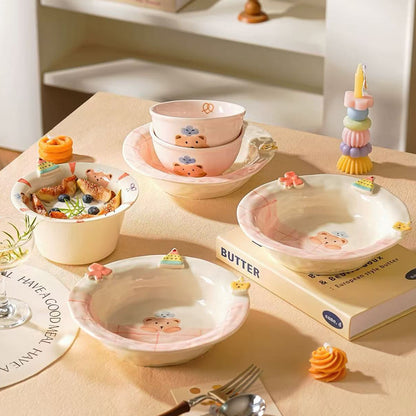 Sweet Heart Bear ceramic tableware — lifestyle table display, underglaze illustration, MeowCeramics