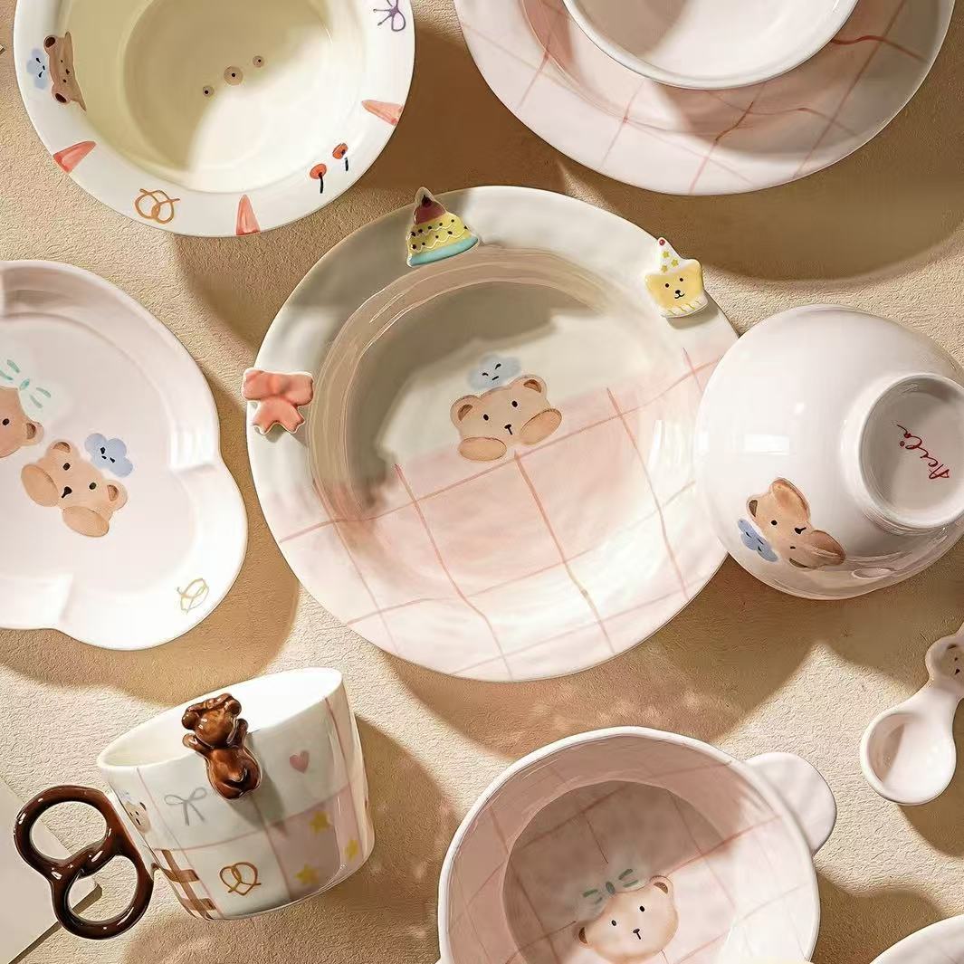 Sweet Heart Bear ceramic tableware — styled dining scene, MeowCeramics