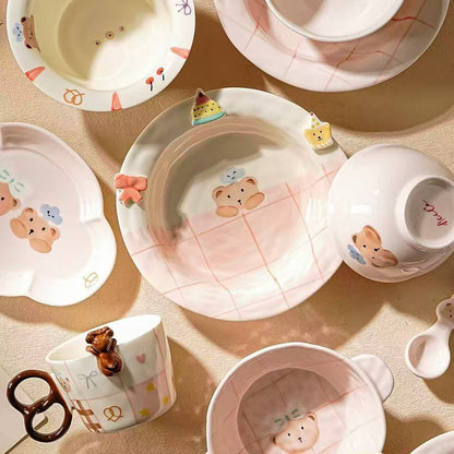Sweet Heart Bear ceramic tableware — styled dining scene, MeowCeramics