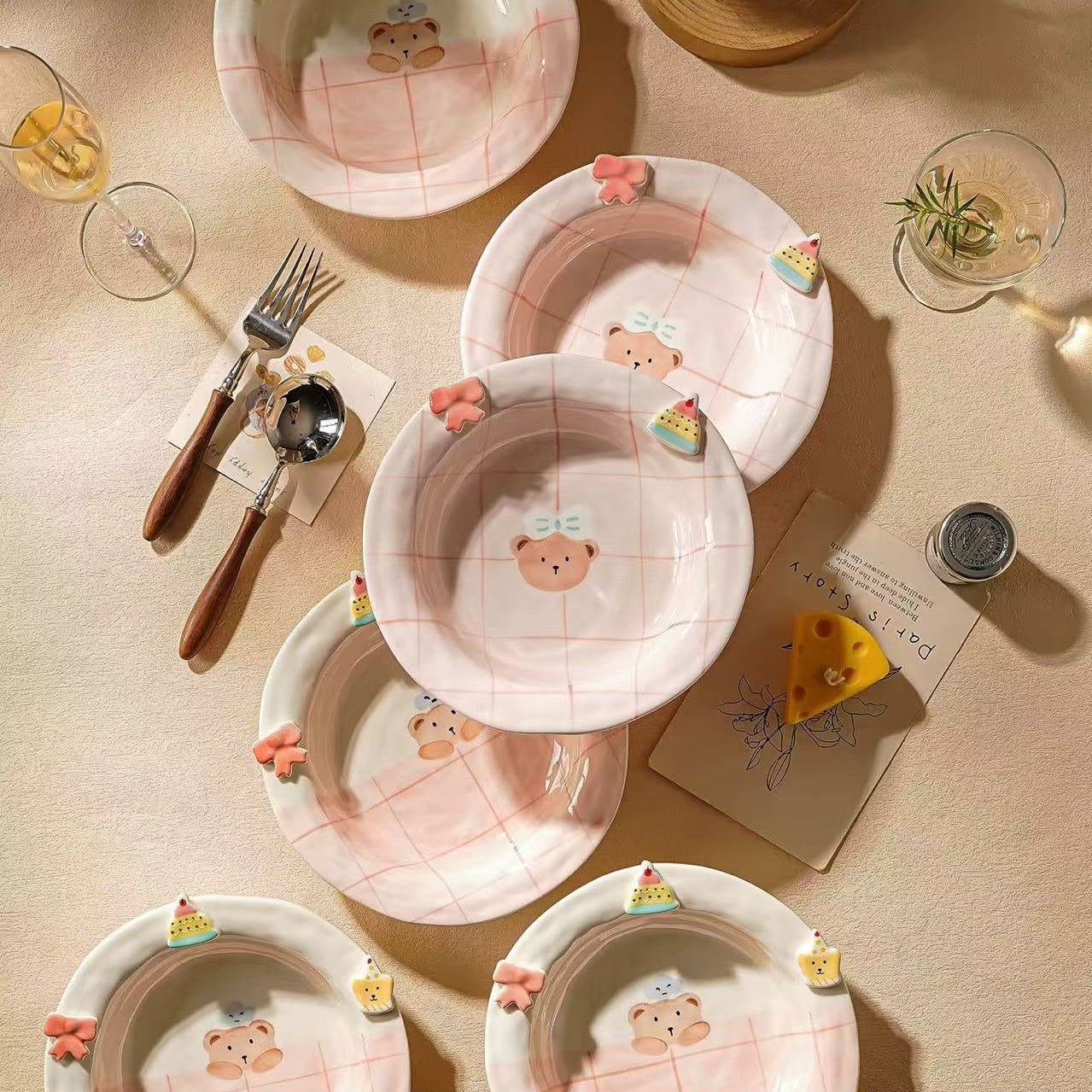 Sweet Heart Bear ceramic tableware — full set styled display, MeowCeramics