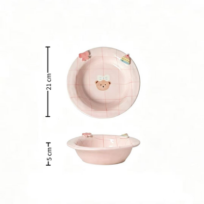 Sweet Heart 8" Chef Bear ceramic plate — underglaze illustration, size reference, MeowCeramics