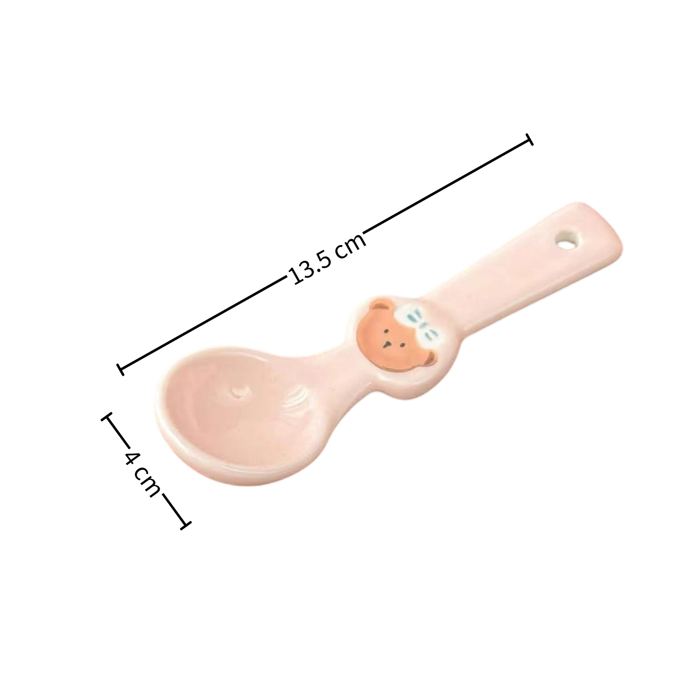 Sweet Heart Bow Bear ceramic spoon — underglaze illustration, size reference, MeowCeramics