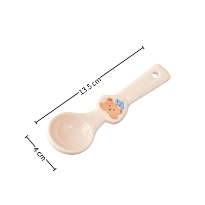 Sweet Heart Chef Bear ceramic spoon — underglaze illustration, size reference, MeowCeramics