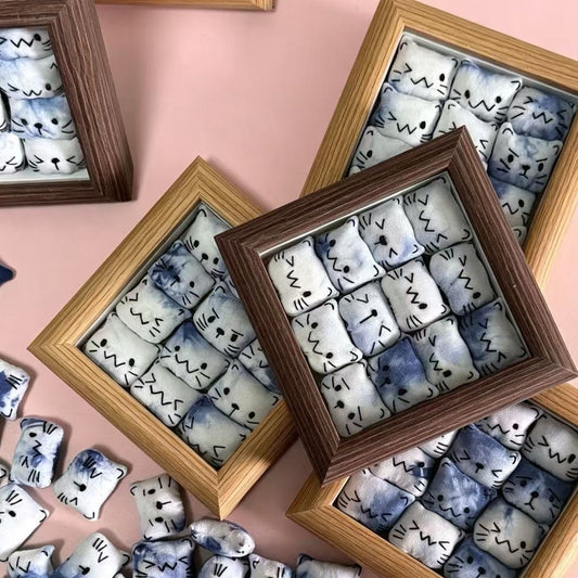 Handmade tie-dye plush cat photo frame — both brown and light wood frame options, 12 unique cats, MeowCeramics