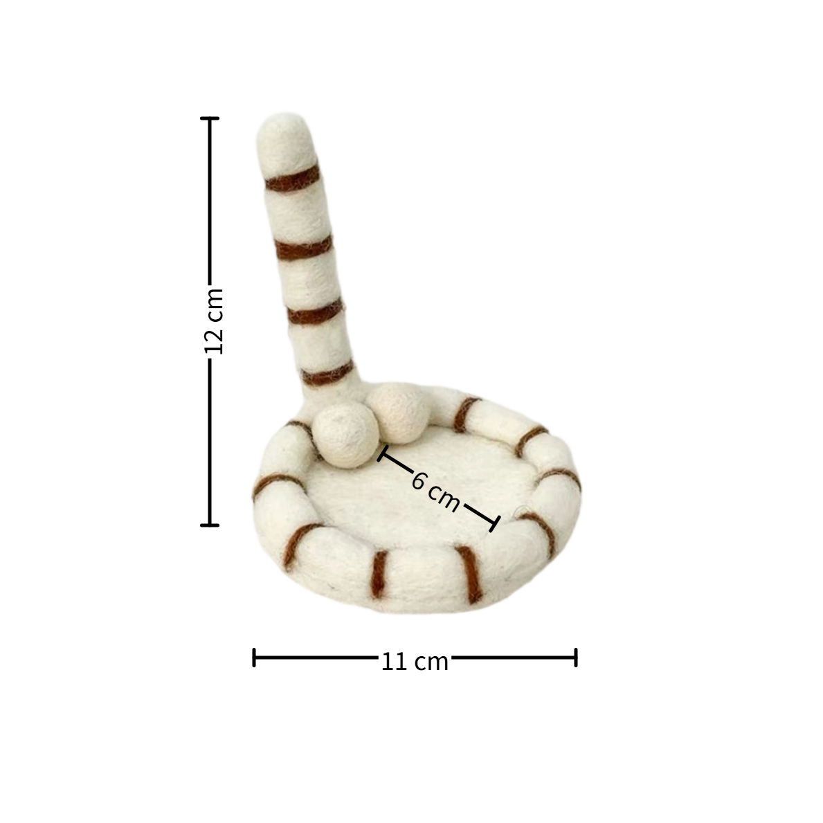 Handmade wool felt cat tail coaster — size reference, dimensions display, MeowCeramics
