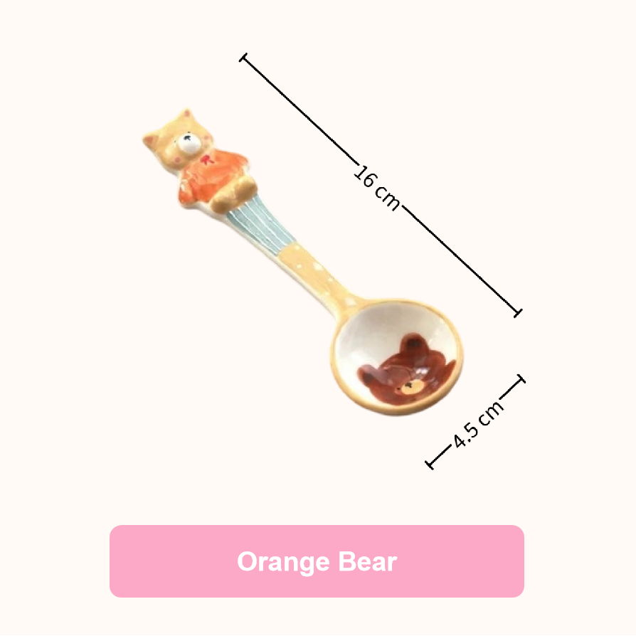 Handmade Orange Bear ceramic long-handle spoon — hand-painted, food-safe, with size reference, MeowCeramics