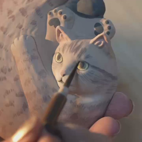 Custom cat coffee cup — hidden hand-painted cat portrait inside, underglaze painted, MeowCeramics