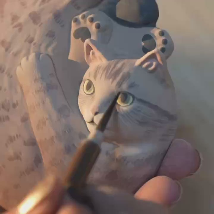 Custom cat coffee cup — hidden hand-painted cat portrait inside, underglaze painted, MeowCeramics
